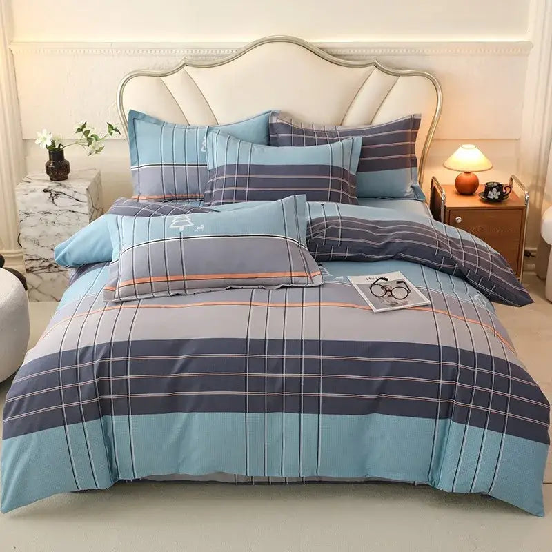 Blue and gray plaid duvet cover set with orange accent stripes in brushed cotton for autumnal leaf cream bedroom decor