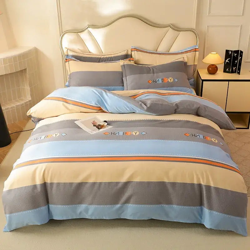 Autumnal leaf cream brushed cotton duvet cover set with blue gray beige stripes and happy embroidered in orange on duvet cover