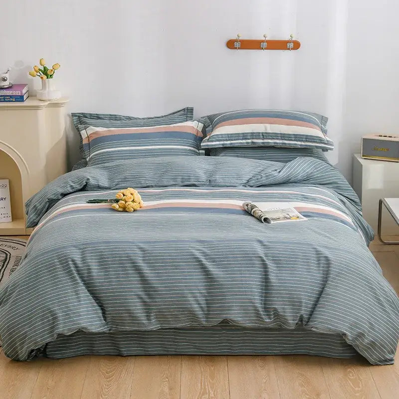 Blue and white striped duvet cover set with soft textured fabric in autumnal leaf cream brushed cotton bedroom use