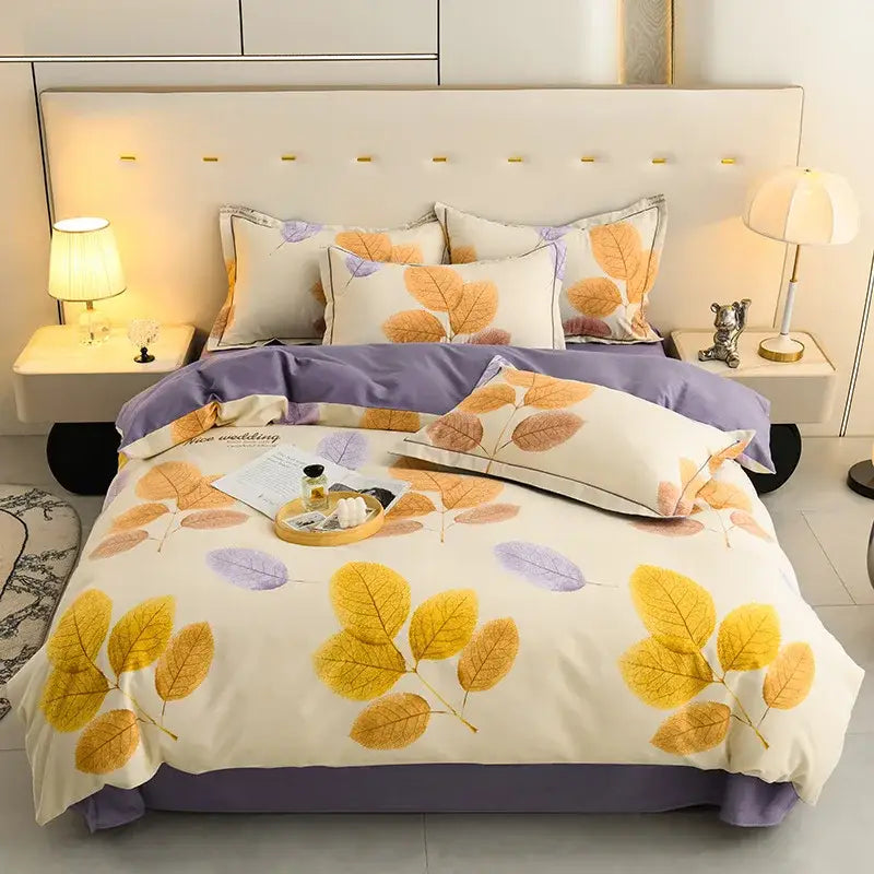 Cozy cream-colored brushed cotton duvet cover set with vibrant autumn leaf pattern in yellow orange and purple