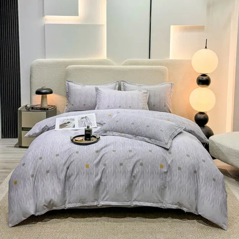 Gray and gold patterned autumnal leaf cream brushed cotton duvet cover set with subtle textured design for bedroom