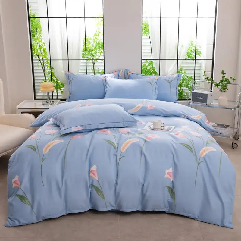 Light blue floral duvet cover set with soft cotton fabric and delicate pink calla lily prints for bedroom use
