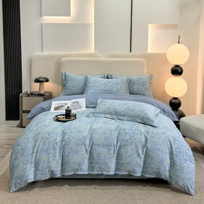 Light blue textured duvet cover set with subtle yellow and gray patterns in autumnal leaf cream brushed cotton design