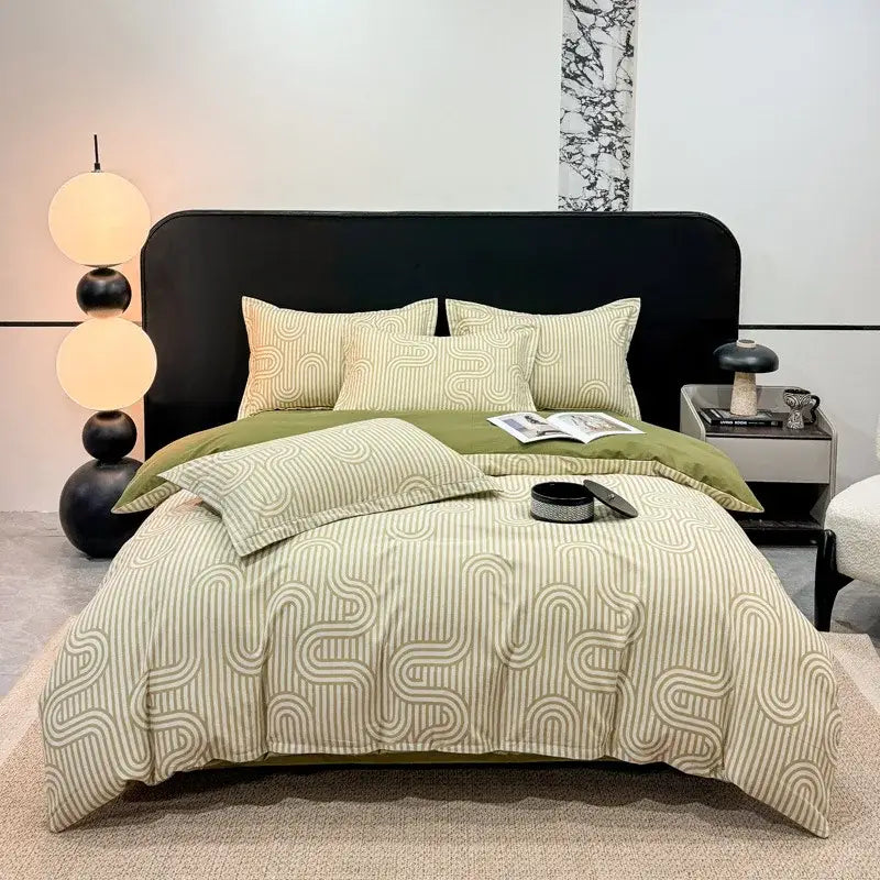 Olive green and cream abstract wavy line duvet cover set in brushed cotton for autumnal leaf cream bedroom decor