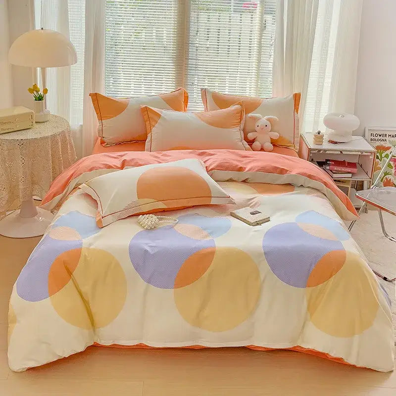 Pastel-colored autumnal leaf cream brushed cotton duvet cover set featuring playful orange lavender and yellow circle pattern