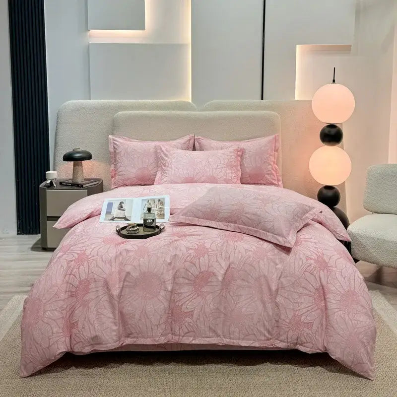 Autumnal leaf cream brushed cotton duvet cover set with pink floral-patterned fabric and soft textured finish