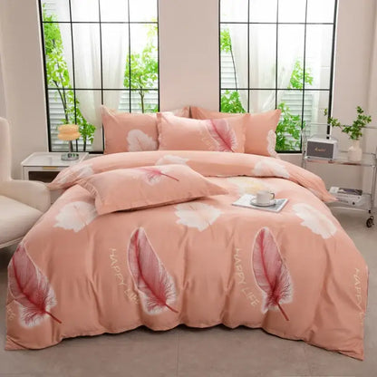Pink feather-themed duvet cover set with white and red accents and happy life text in autumnal leaf cream cotton