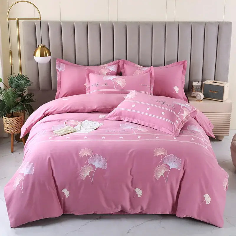 Pink ginkgo leaf-patterned brushed cotton duvet cover set with white embroidered accents for autumnal bedroom decor