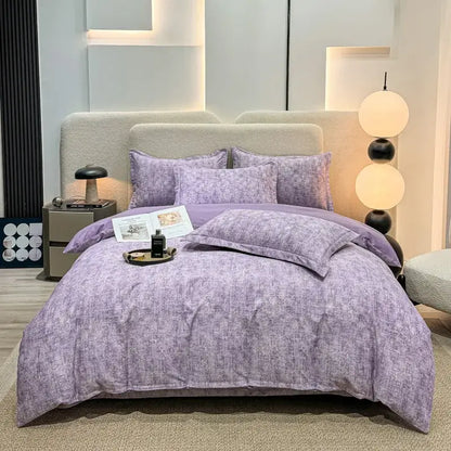 Purple textured duvet cover set with matching pillows in brushed cotton for autumnal leaf cream bedroom decor