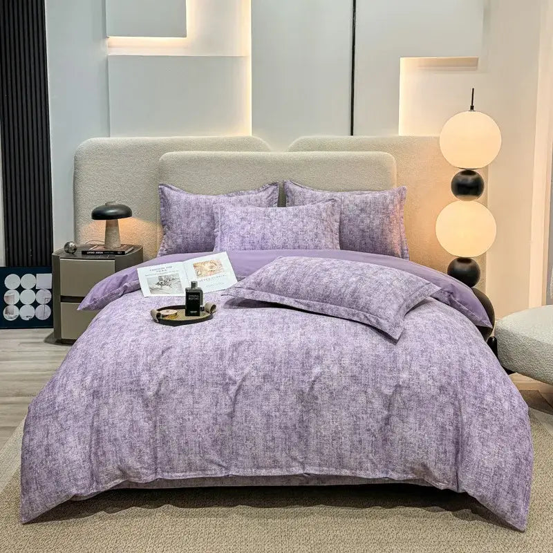 Purple textured duvet cover set with matching pillows in brushed cotton for autumnal leaf cream bedroom decor