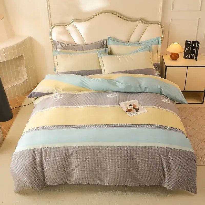 Autumnal leaf cream brushed cotton duvet cover set with soft pastel blue cream and gray stripes and subtle checkered pattern