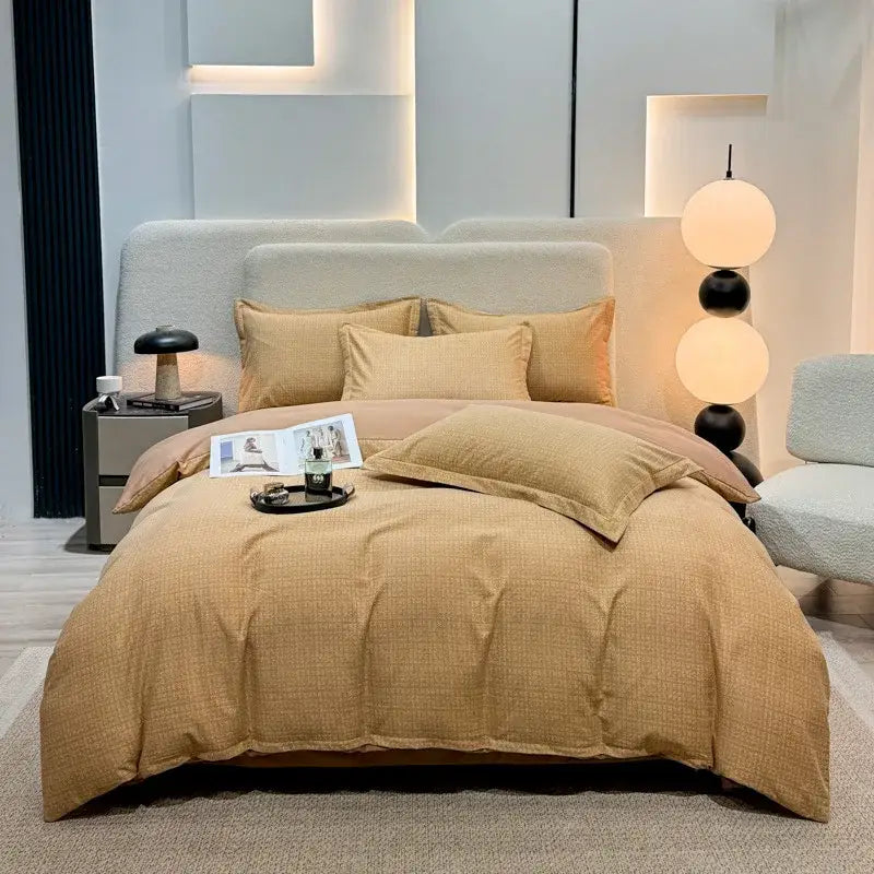 Warm beige autumnal leaf cream brushed cotton duvet cover set with matching pillows and soft cozy bedspread