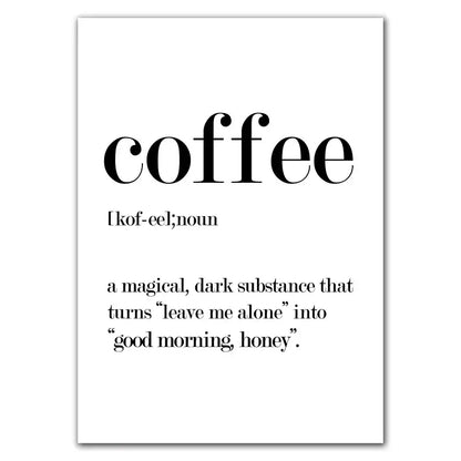 Black serif text defines coffee on a white awakened aromas canvas print by decorbites for kitchen coffee wall art decorbites awakened aromas