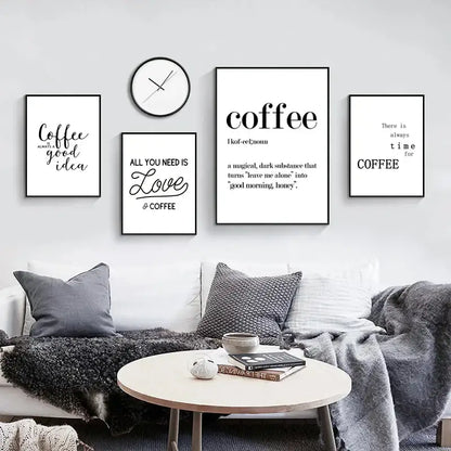 Minimalist black-framed decorbites awakened aromas canvas print set featuring black and white coffee-themed kitchen wall art