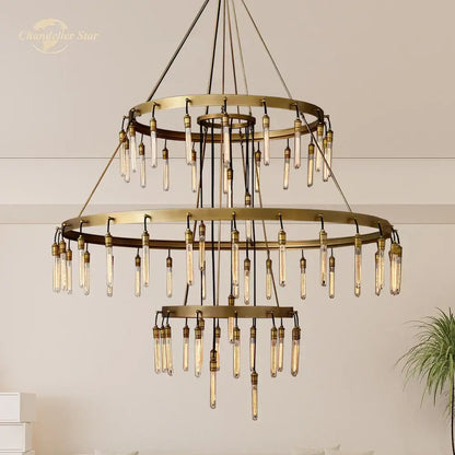 Axis black brass led round chandelier featuring a brass double-tier frame with vintage edison bulb fixtures for living room use