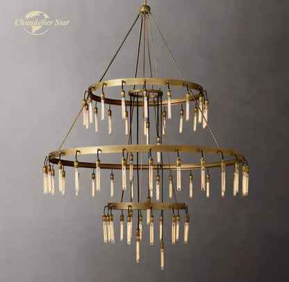 Axis black brass led round chandelier with double-tier brass and hanging Edison-style bulbs for living room lighting