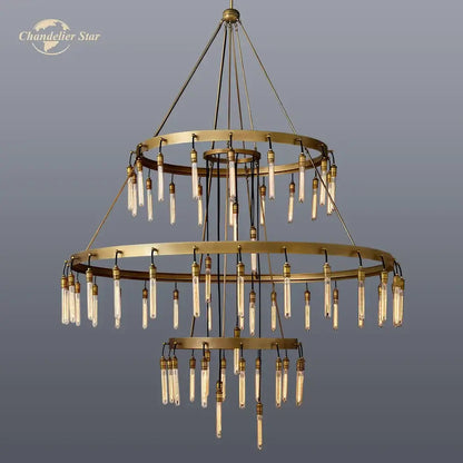 Axis black brass led round chandelier featuring a double-tier brass design with hanging glass tube bulbs for living rooms