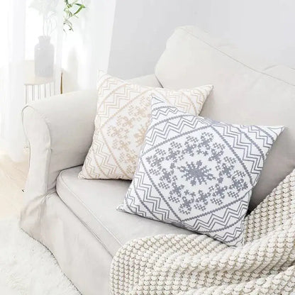 Gray and white patterned aztec embroidery canvas cushion cover with snowflake design for living room throw pillow