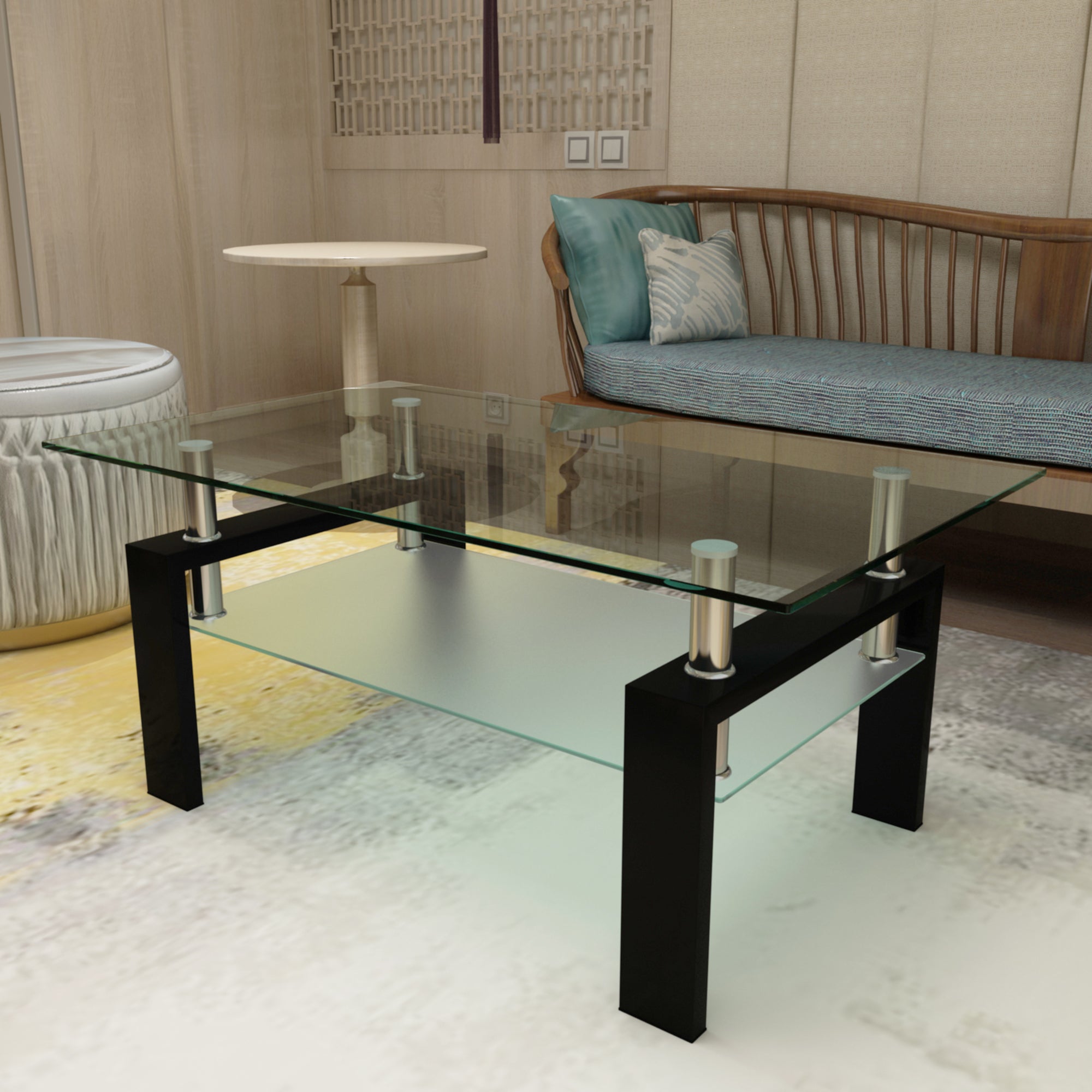 Black Glass Coffee Table Metal Frame Living Room