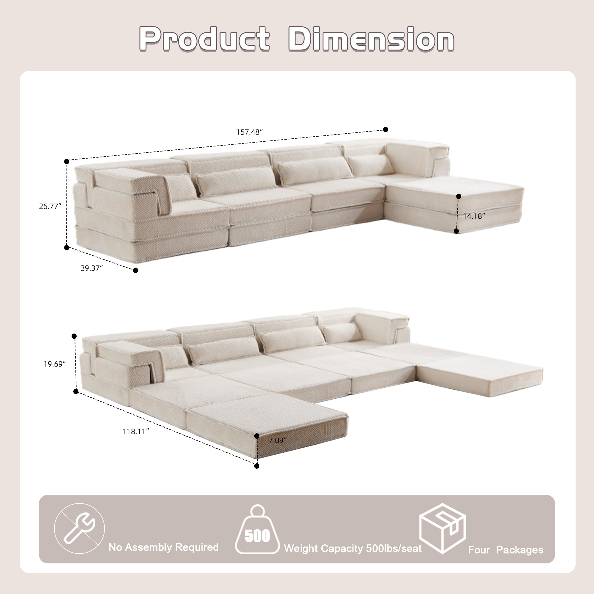 White Modular Sofa Clean Lines Fleece Fabric