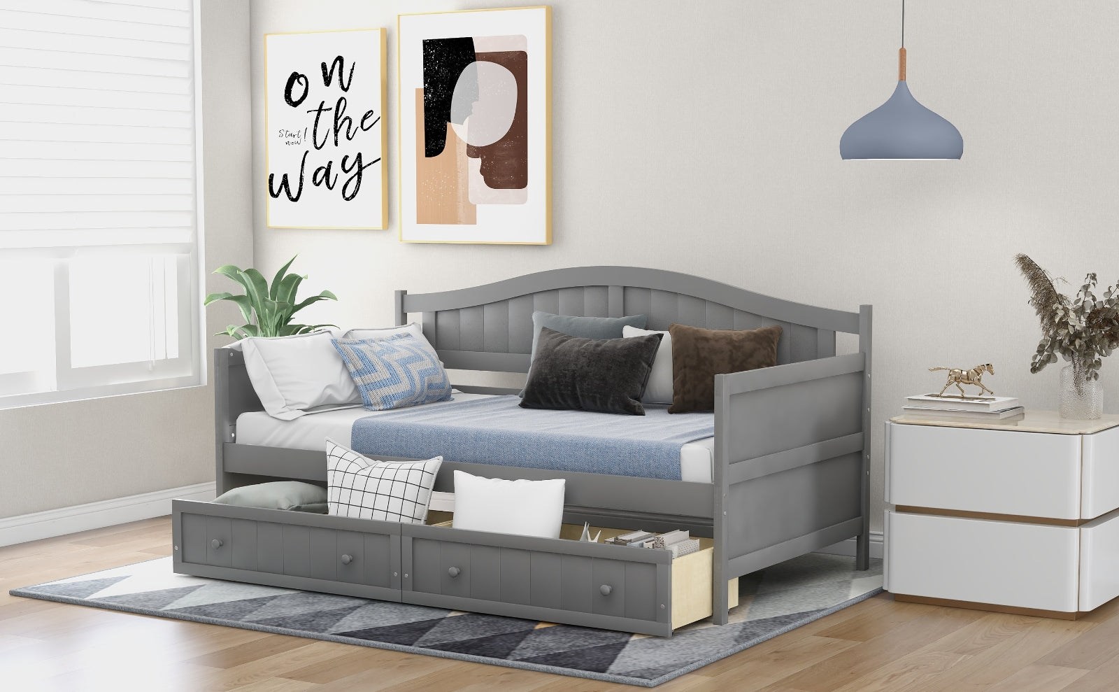 Gray Wooden Daybed Drawers