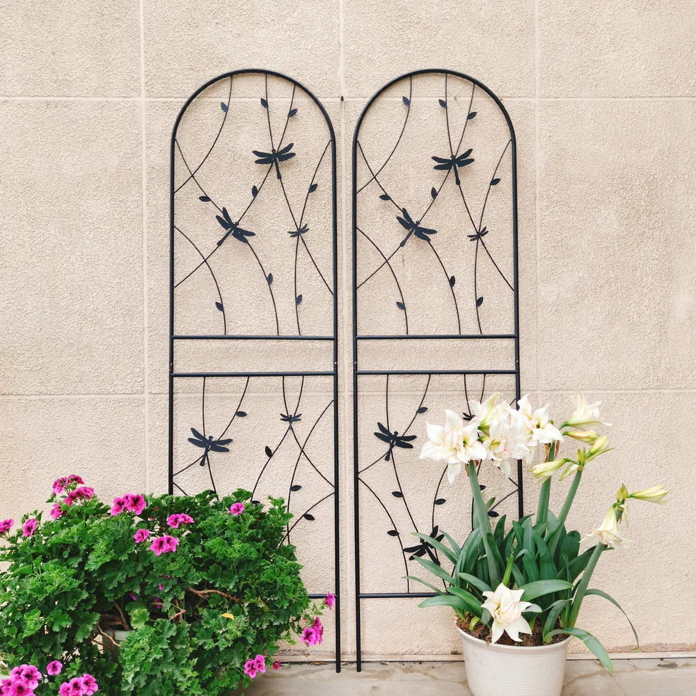 2 Pack Metal Garden Trellis 71" X 19.7" Rustproof Trellis For Climbing Plants Outdoor Flower Support Dragonfly Deco Black