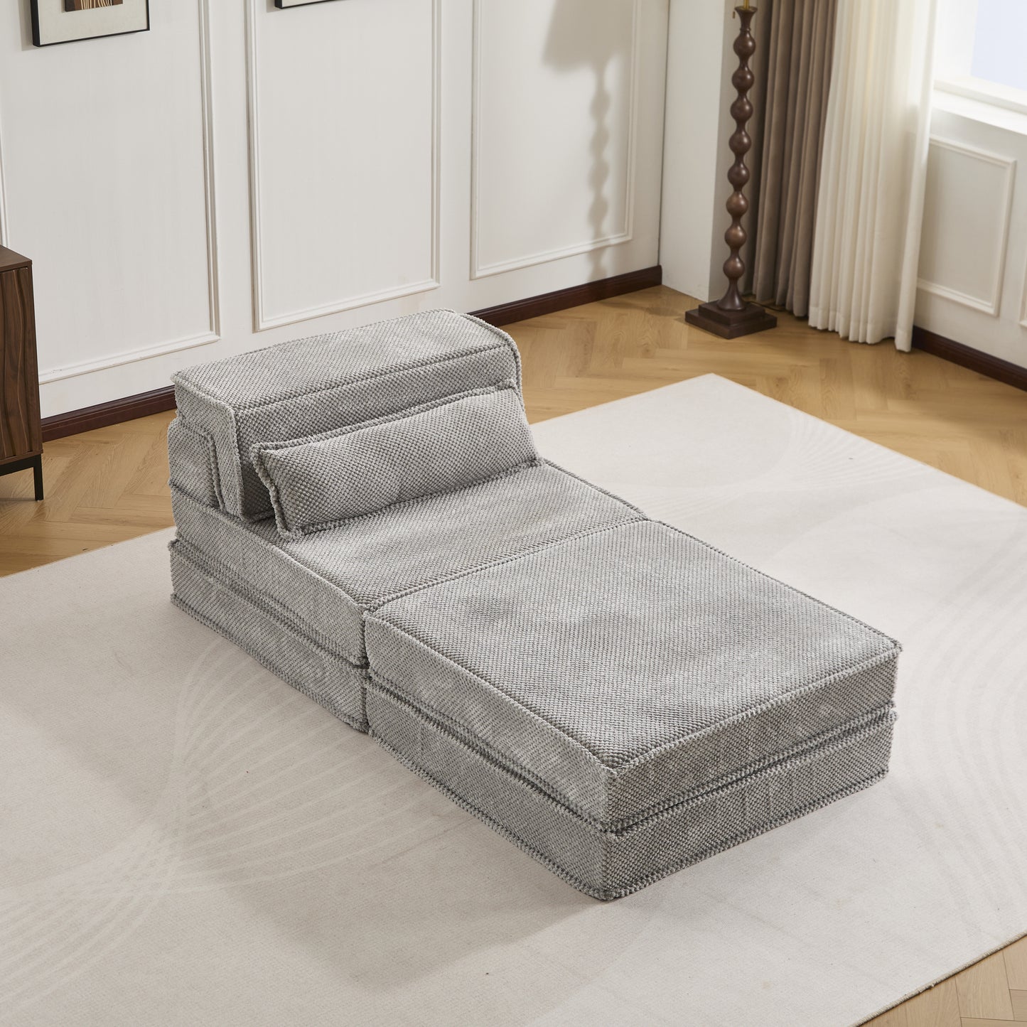 Compression Mahjong Sofa,Convertible Floor Sofa Bed,DIY Boneless Modular Sectional Sofa,No Assembly Required,Circle Fleece Fabric,Oversized Single Seater With 1 Pillow And 1 Ottoman,Light-grey