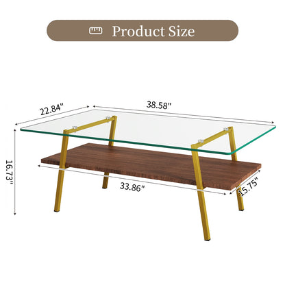 Rectangle Coffee Table, Tempered Glass Tabletop With Gold Metal Legs, Modern Table For Living Room ,