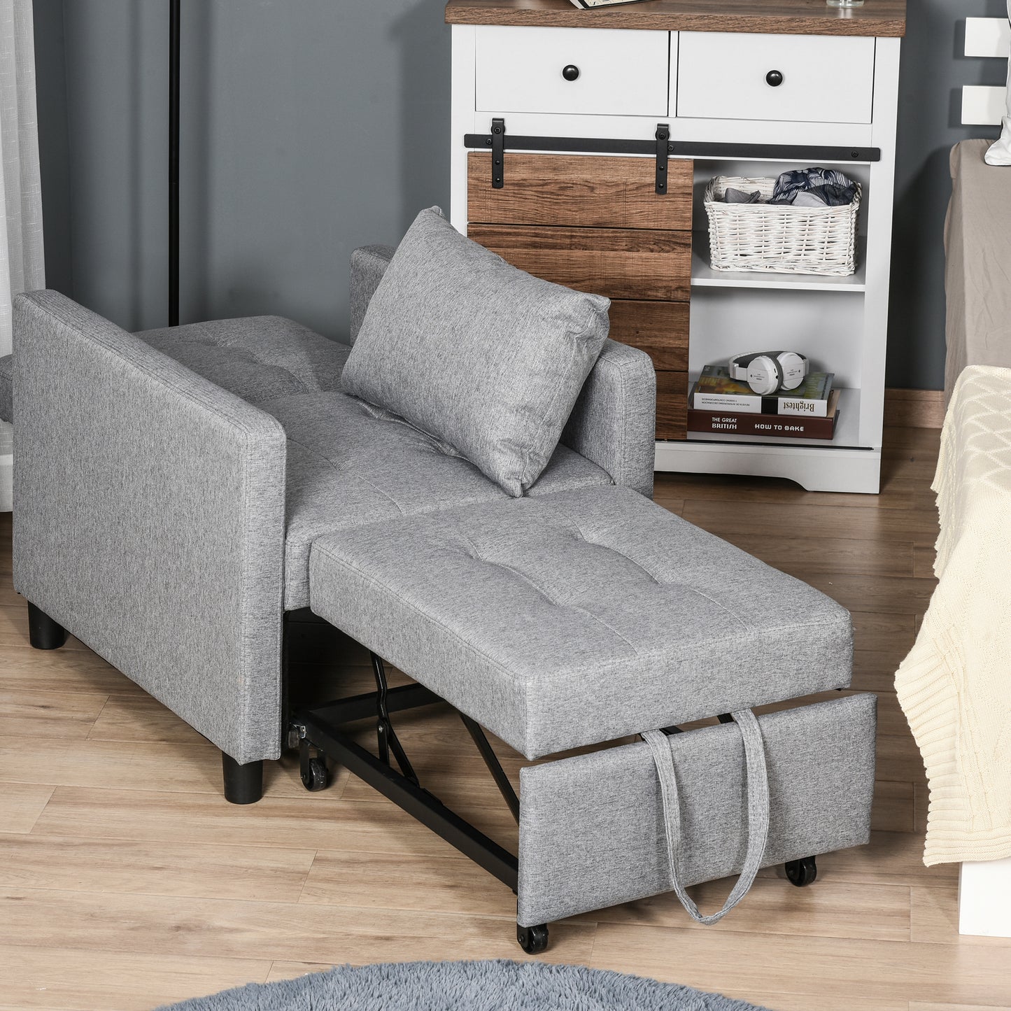 Convertible Sofa Lounger Chair Bed Multi-Functional Sleeper Recliner with Tufted Upholstered Adjustable Angle Backrest