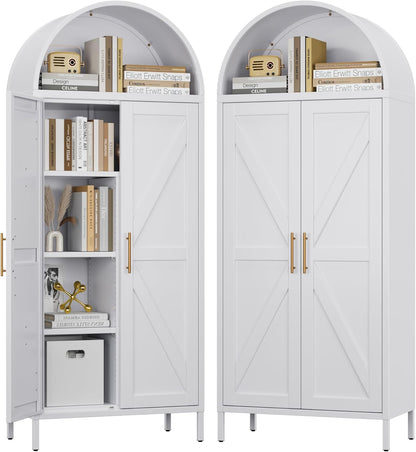 White Kitchen Pantry Cabinet, Arched Storage Cabinet With Doors And Adjustable Shelves, Tall Freestanding Cupboard For Laundry, Dining Room, Living Room, Bathroom