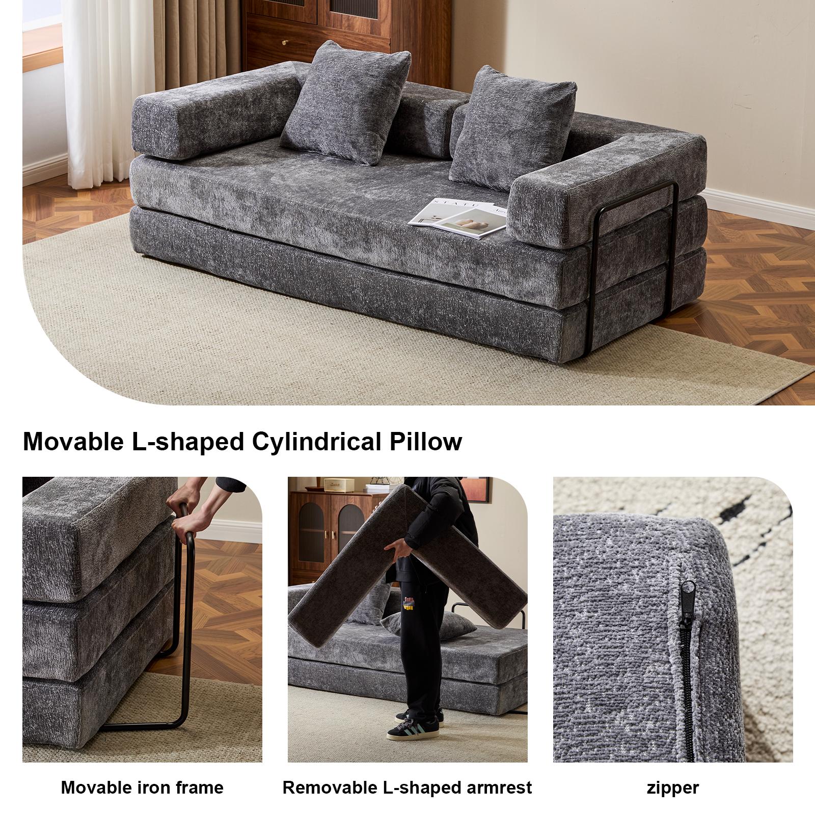 Dark Grey Chenille Futon