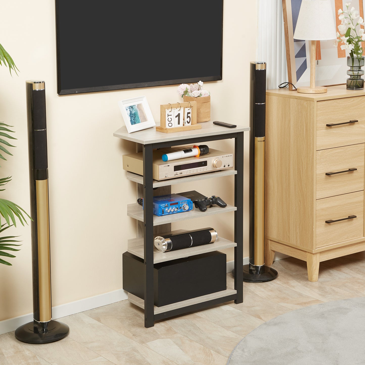Media Stand With 4-Tier Audio Rack AV Media Corner Shelf With Cable Management For DVD Players Game Console TV Cable WiFi Router