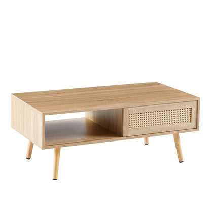41.34 Inch Rattan Coffee Table, Sliding Door For Storage, Solid Wood Legs, Modern Living Room Table, Natural