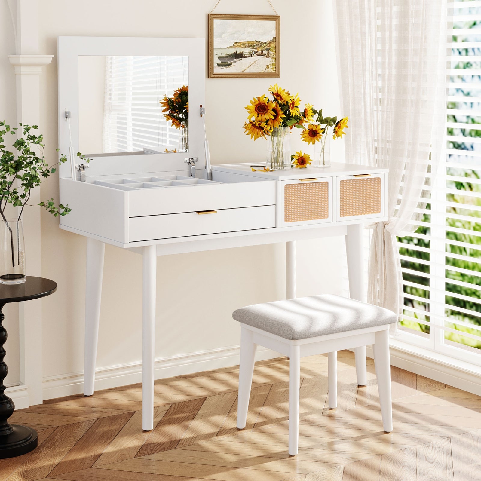 Wood Makeup Vanity Set Flip-Top Mirror Bedroom
