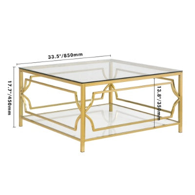 Square Glass Coffee Table In 33.5 ,Luxurious Geometric Metal Frame,Gold Finish  Lower Shelf