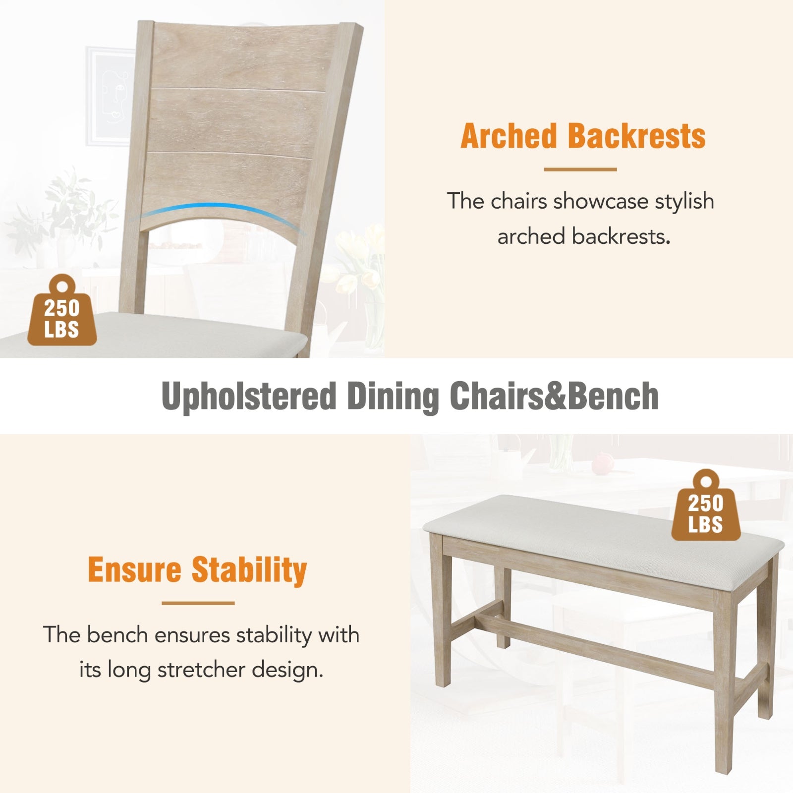 Natural Wood Dining Set Half-Round Table Bench