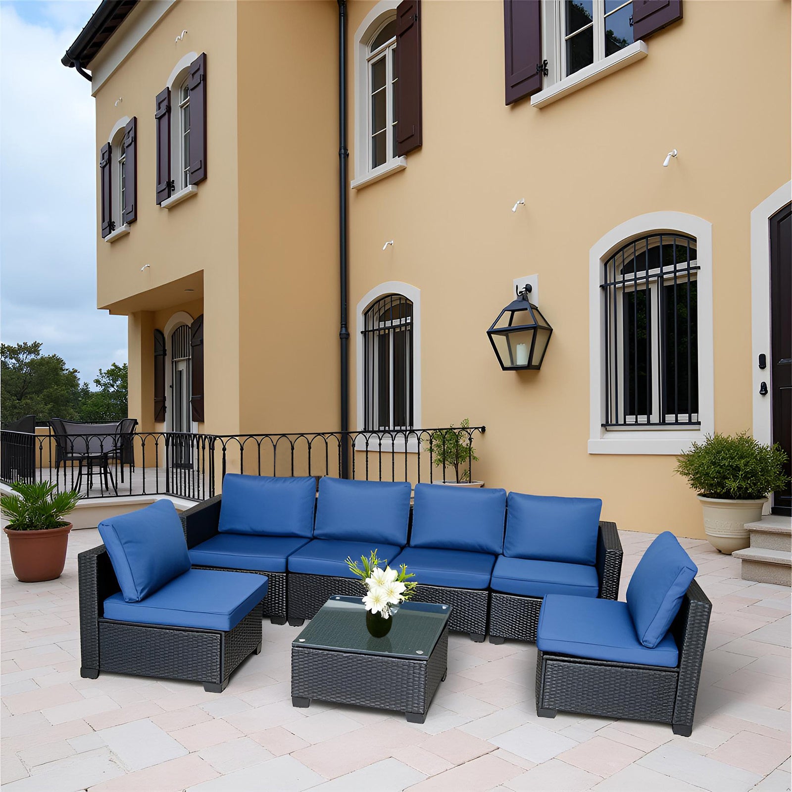 Blue Cushioned Rattan Sofa Set