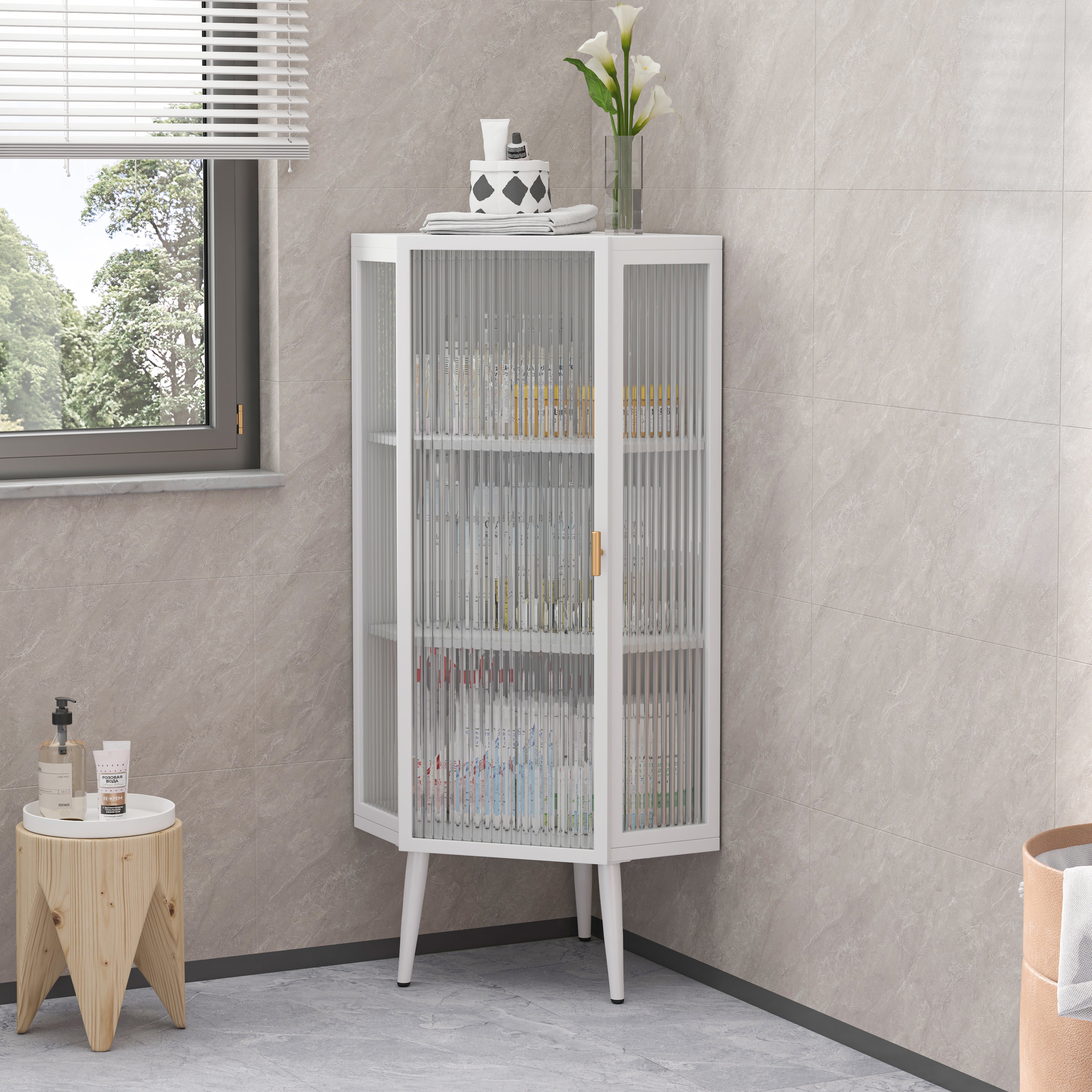 White Corner Cabinet Tempered Glass Bathroom Storage