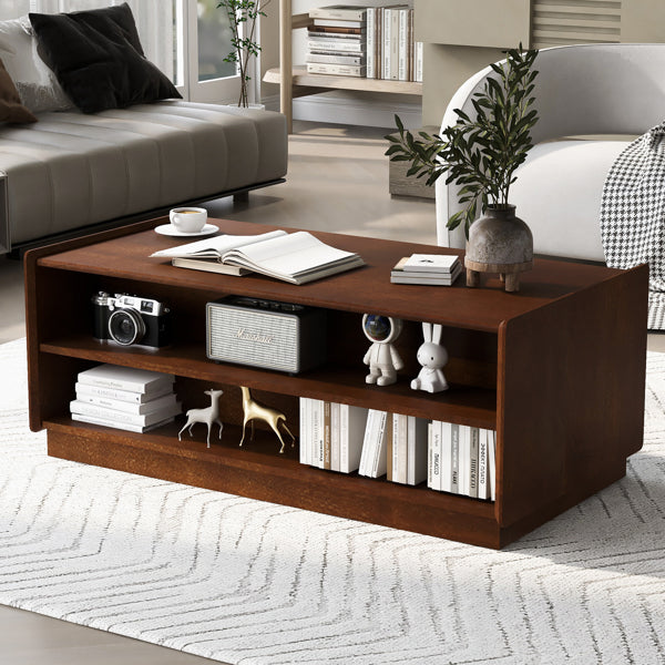 U-Can Modern Rectangle Coffee Table With 4 Drawers And 2 Display Shelves,  Wood Coffee Table With Fluted Style, Tempered Glass For Living Room