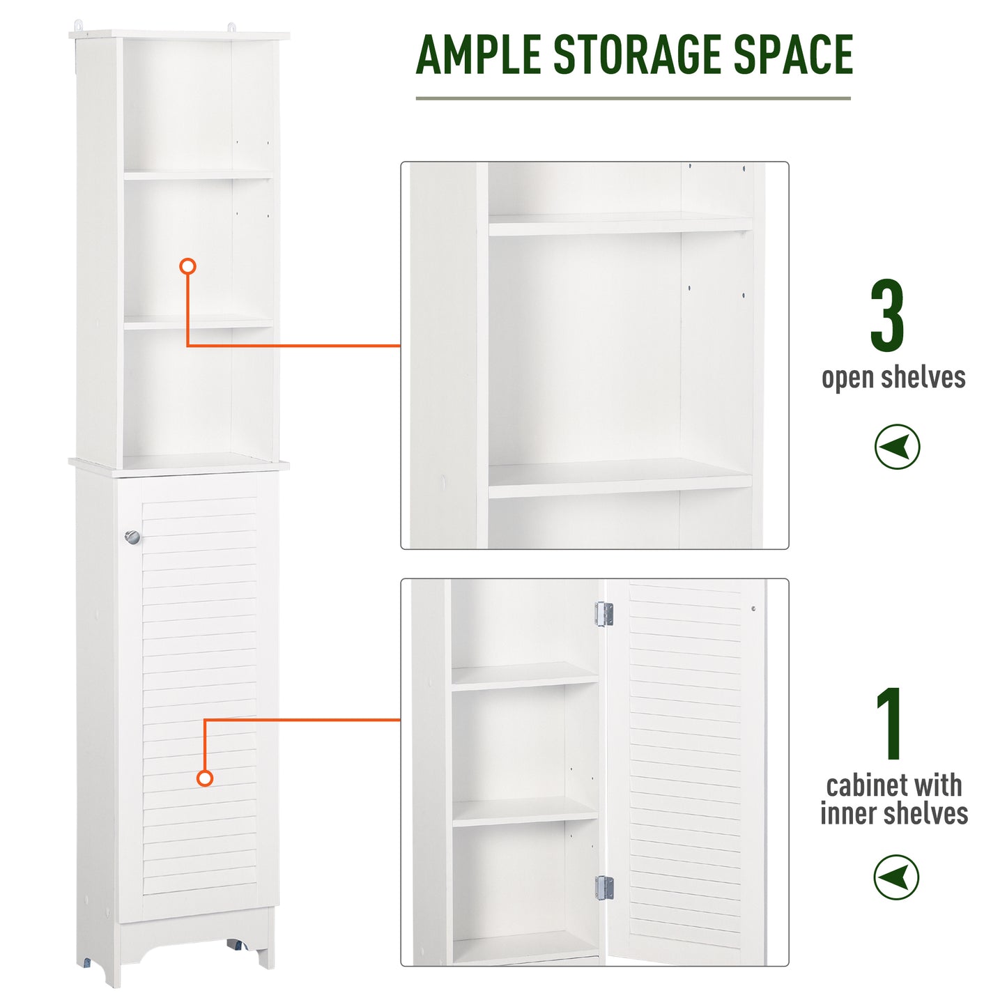 Tall Bathroom Storage Cabinet/Freestanding Tower with 3-Tier Open Adjustable Shelf and Cupboard