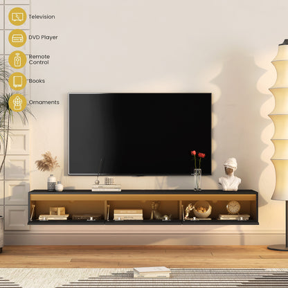 Floating TV Stand, Wall Mounted TV Shelf With Led Lights & Power Outlet,High Gloss TV Cabinet For Black Tv Stands For Living Room