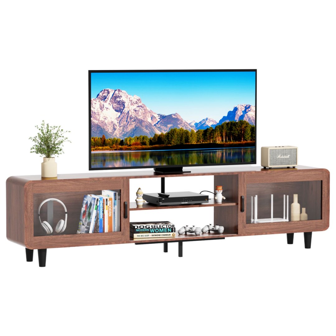 Mid Century Modern TV Stand For 55,60,65,70 Inch TV, Wood Entertainment Center With Power Outlets, Media Console With Sliding Doors And Open Shelf For Living Room, Walnut