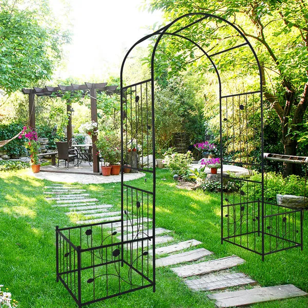 Black Metal Garden Arch With Plant Stands