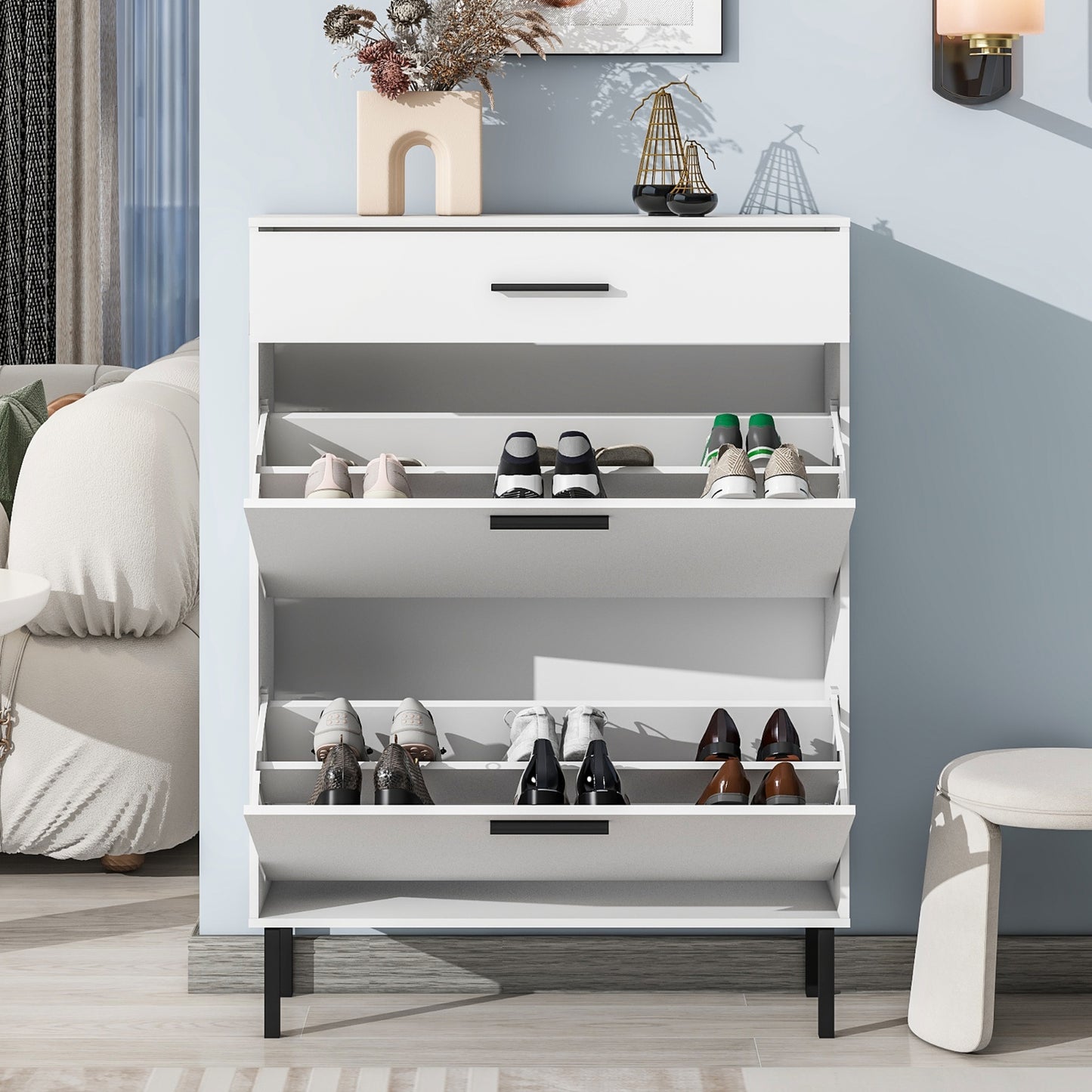 Modern Shoe Cabinet With Drawers & Metal Legs, Freestanding Storage Organizer