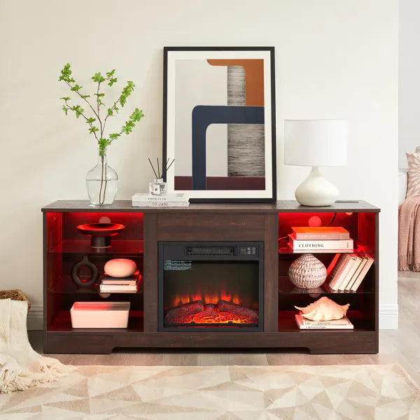 TV Stand Electric Fireplace Glass Shelves, 3D Fireplace TV Stand With LED Lights Wood With USB Charging Outlet Modern Television Table Center For TV Up To 62" ESP, 58''W*15.5''D*24.4
