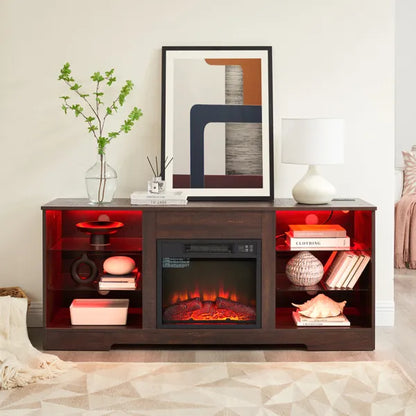 TV Stand Electric Fireplace Glass Shelves, 3D Fireplace TV Stand With LED Lights Wood With USB Charging Outlet Modern Television Table Center For TV Up To 62" ESP, 58''W*15.5''D*24.4