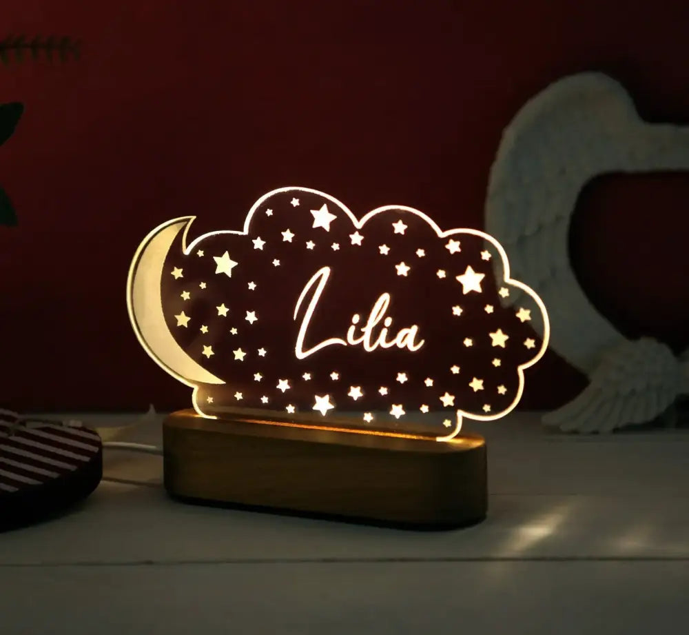 Personalized children cloud-shaped night light with crescent moon star pattern in warm white glow for baby kids room