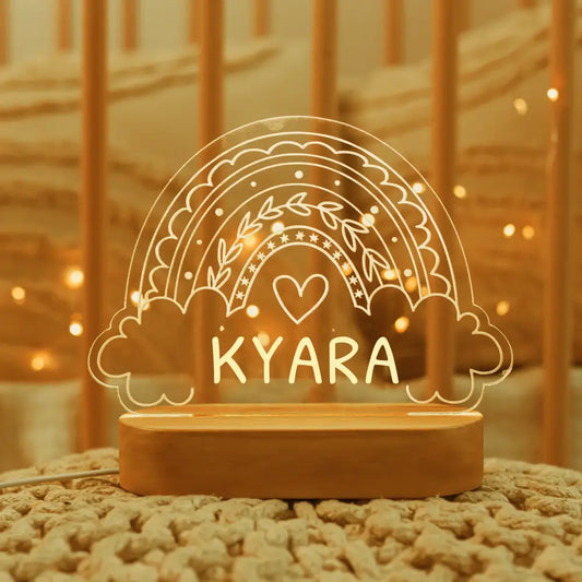 Decorbites™ personalized children night light with warm yellow led rainbow and heart on wooden base for baby kids rooms
