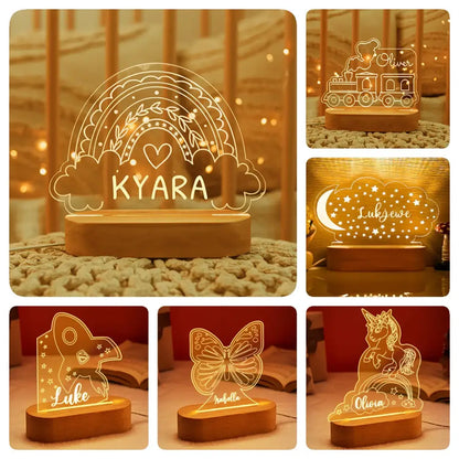 Personalized wooden led night light with glowing rainbow design and name kyara engraved for baby kids bedroom decor