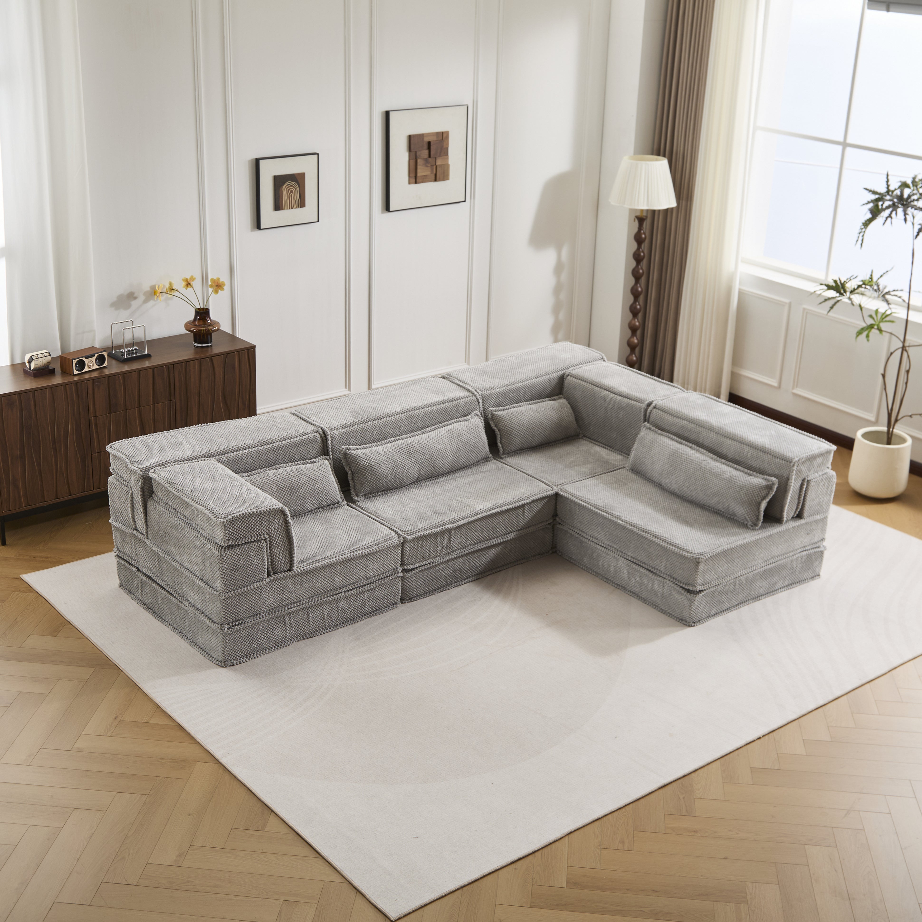 Light Grey Sectional Sofa Flexible Layout Fleece